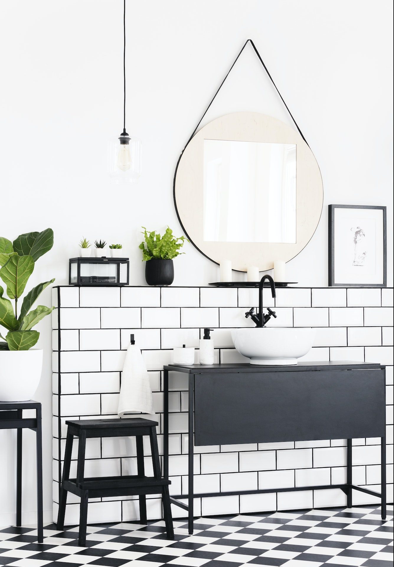 Plants and mirror in black and white bathroom interior with chec