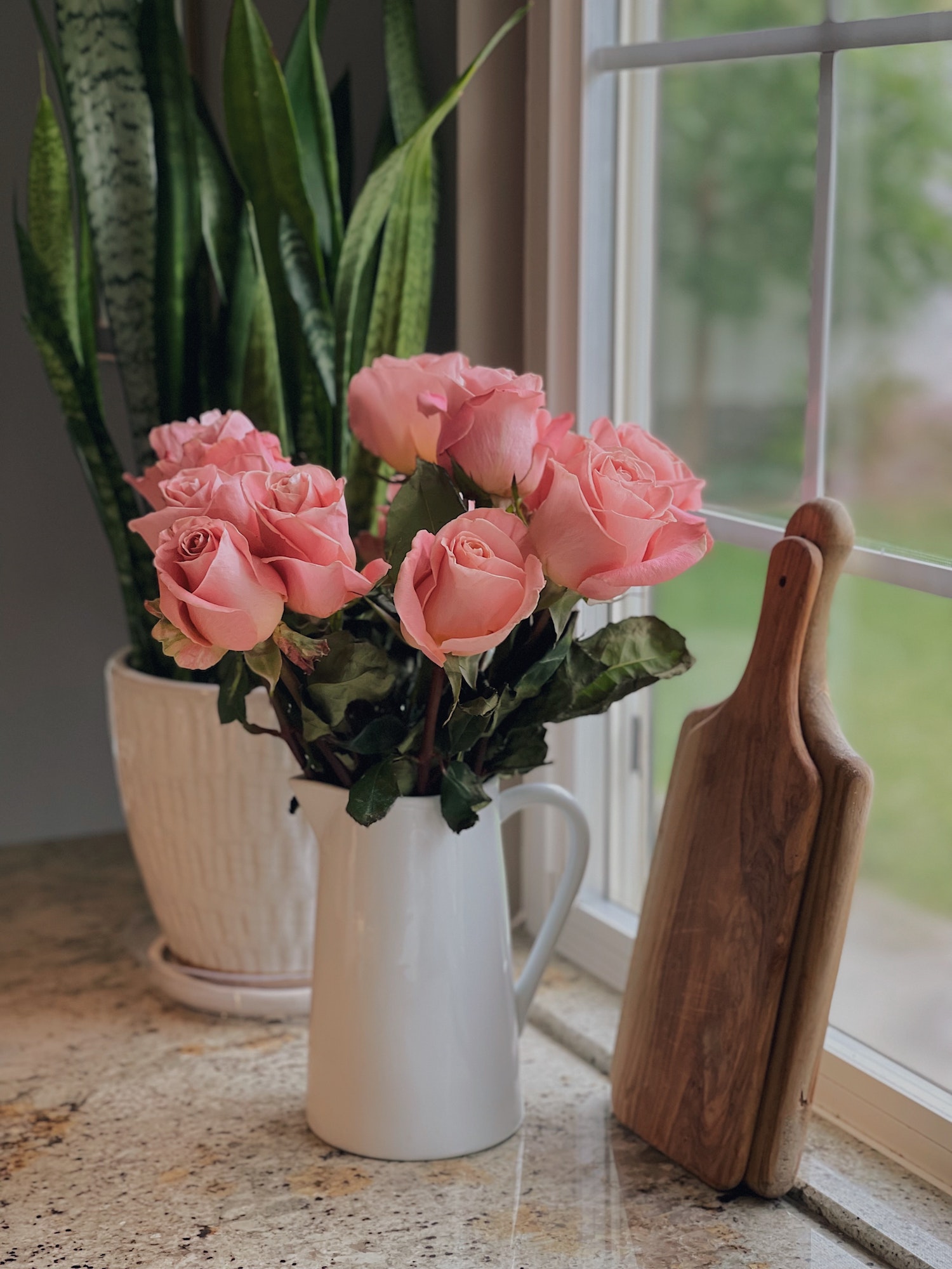 A bouquet of soft pink roses in a white pitcher stands next to a window, a potted plant and boards