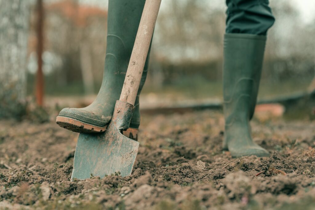 Farmer in rubber boots using spade gardening equipment in garden