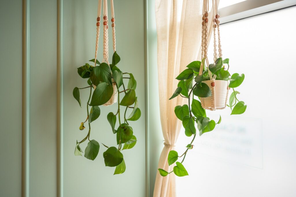 Green vine plant in a hanging small plant pot
