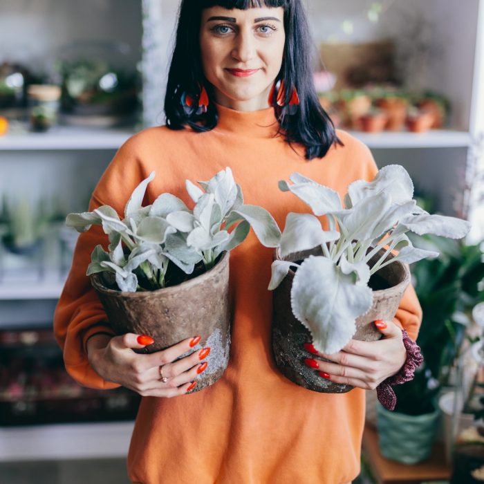 Florist holding two plants in concrete pots.