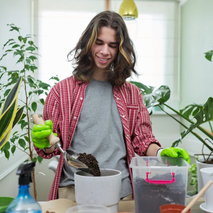 Guy teenager caring replanting indoor plants in pots